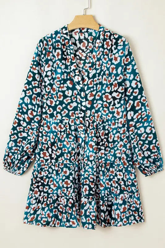 Blue leopard print bubble sleeve ruffled dress