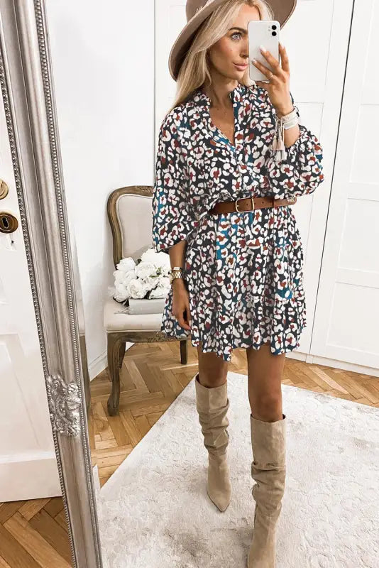 Blue leopard print bubble sleeve ruffled shirt dress - mini dresses