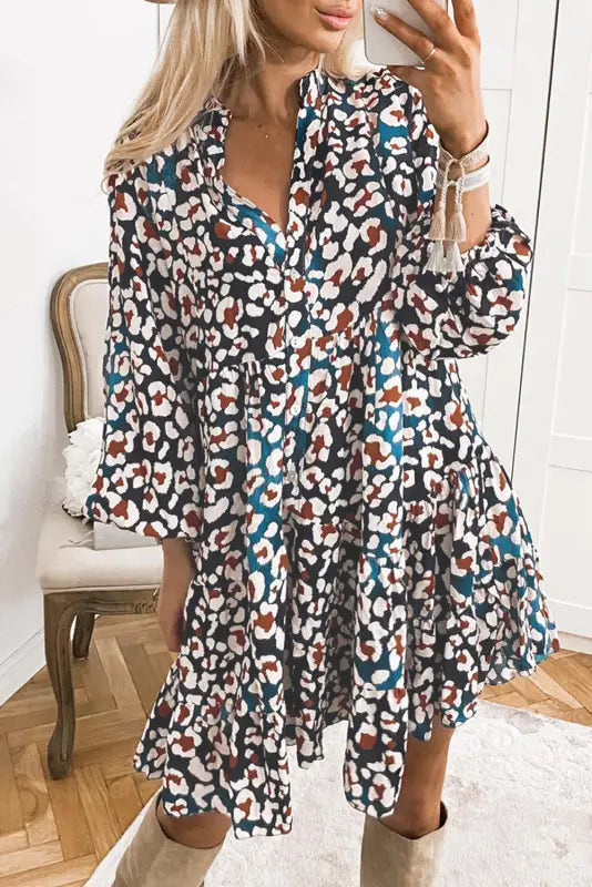 Blue leopard print bubble sleeve ruffled shirt dress - s / polyester - mini dresses