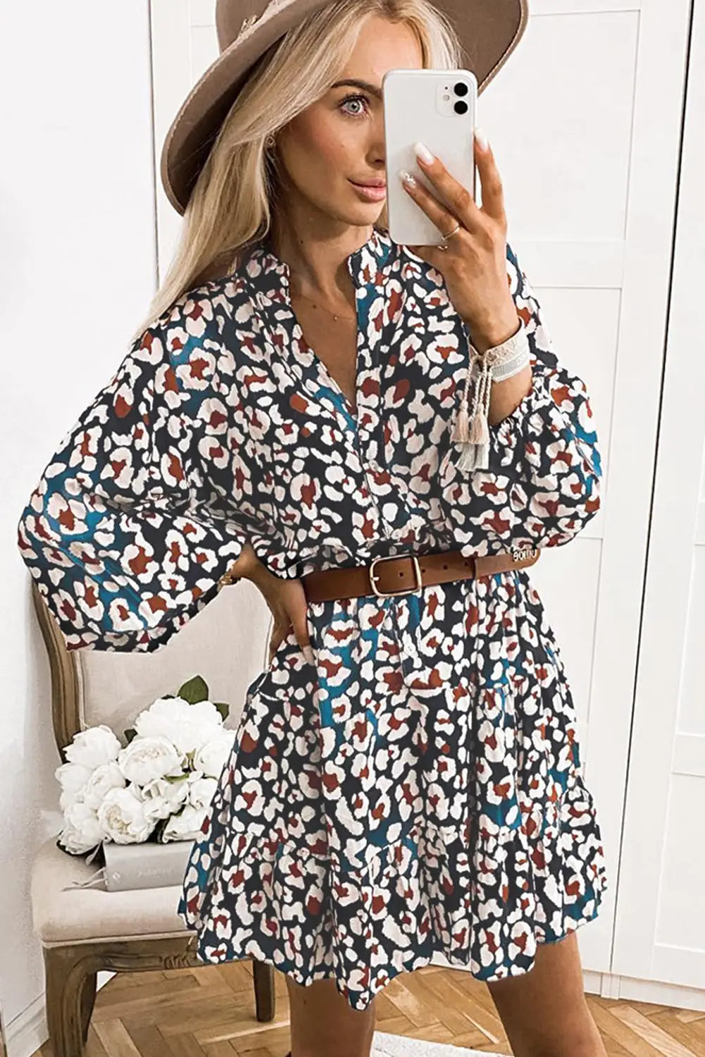 Blue leopard print bubble sleeve ruffled shirt dress - mini dresses