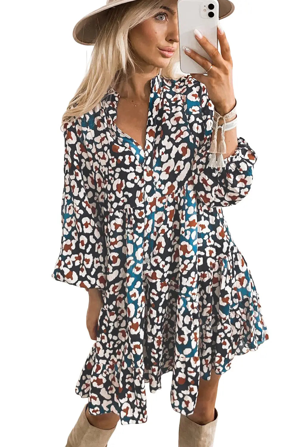Blue leopard print bubble sleeve ruffled shirt dress - mini dresses