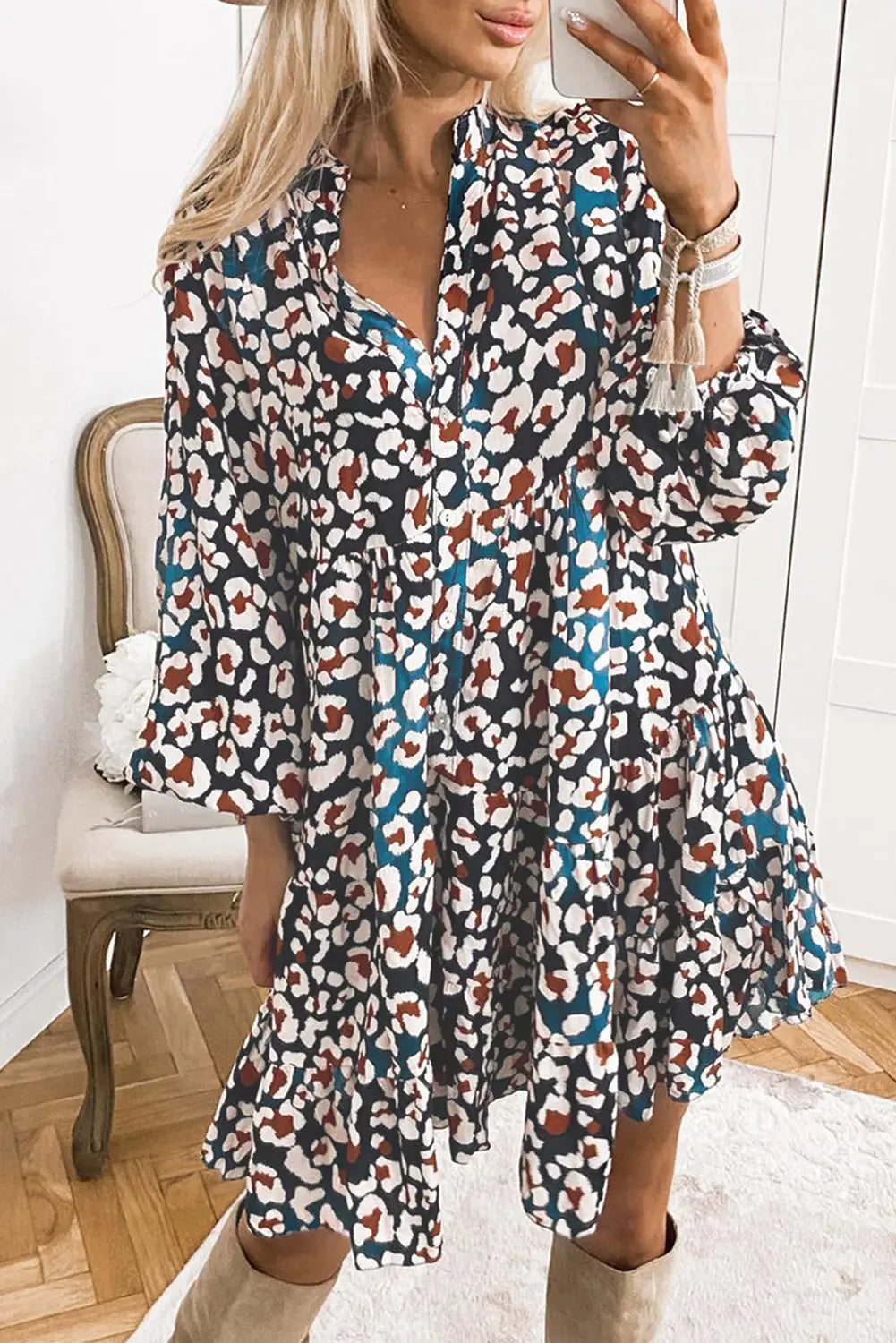 Blue leopard print bubble sleeve ruffled shirt dress - s / polyester - mini dresses
