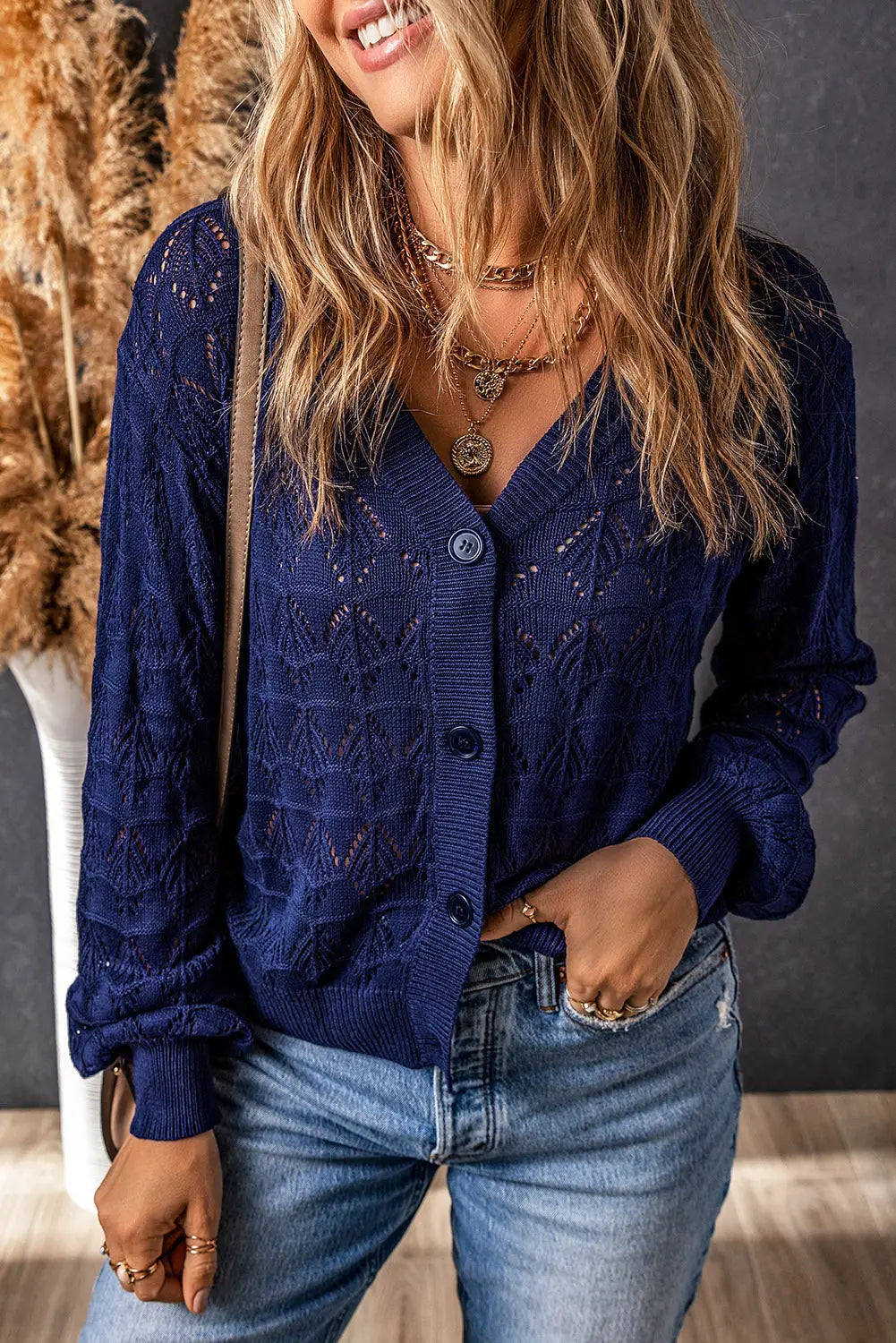Blue lightweight buttoned front crochet cardigan - s / 100% polyester - sweaters & cardigans