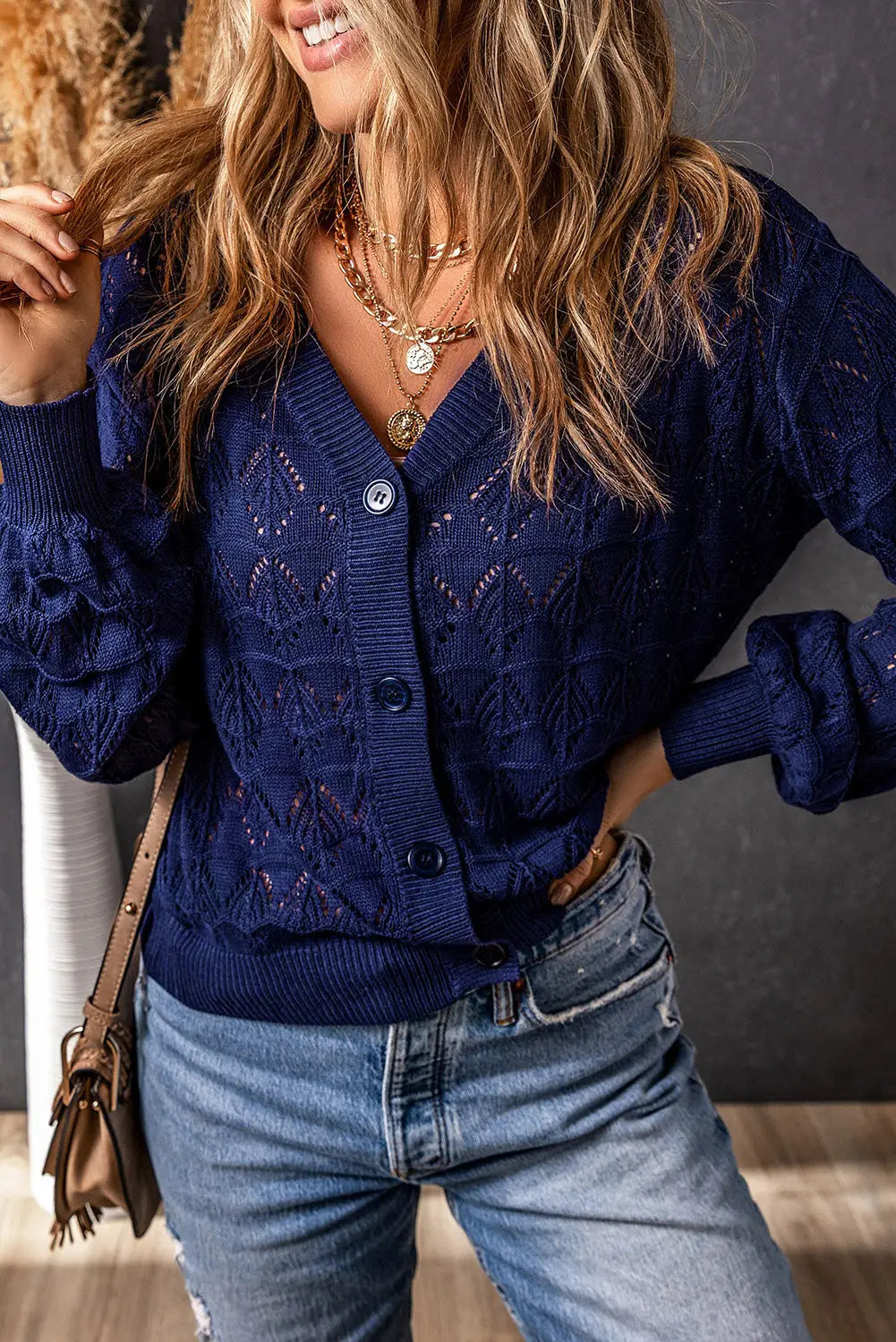 Blue lightweight buttoned front crochet cardigan - sweaters & cardigans