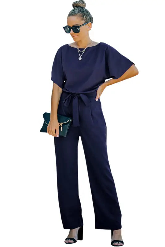 Blue oh-so-glam belted wide leg jumpsuit - jumpsuits