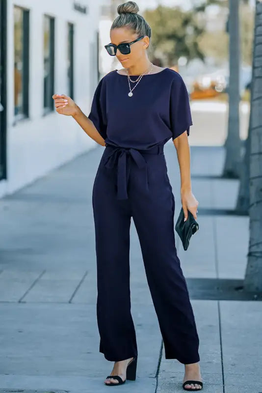 Blue oh-so-glam belted wide leg jumpsuit - jumpsuits