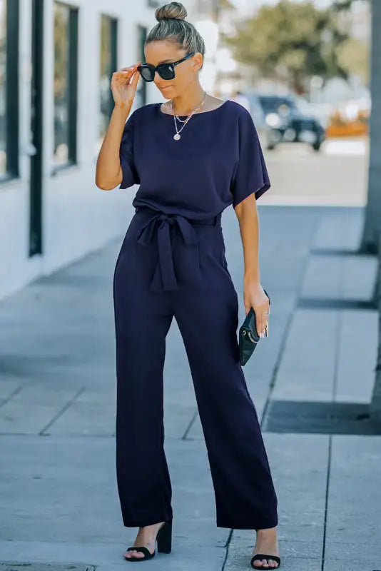 Blue oh-so-glam belted wide leg jumpsuit - jumpsuits