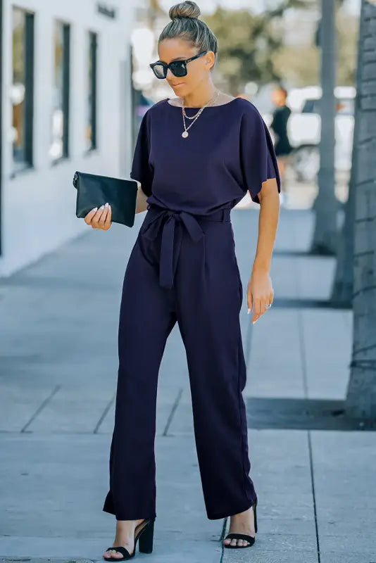 Blue oh-so-glam belted wide leg jumpsuit - jumpsuits