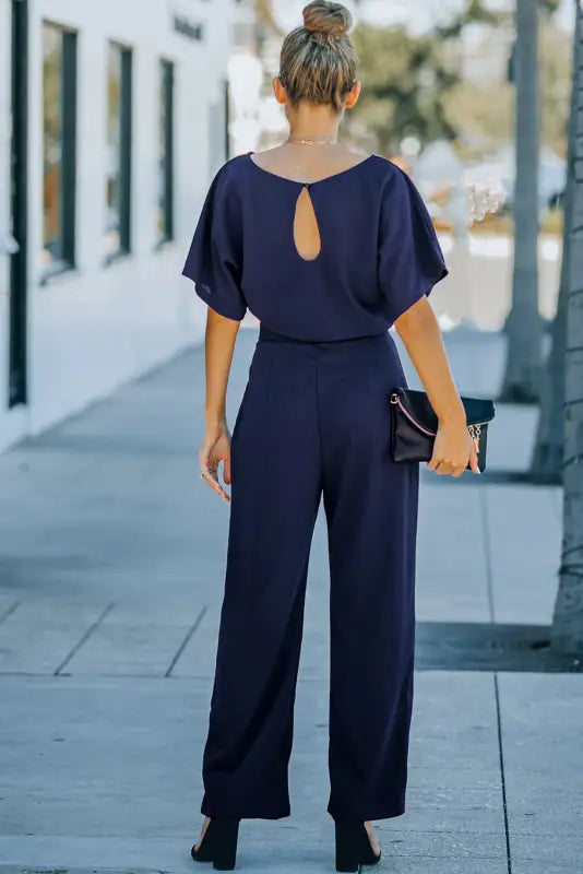 Blue oh-so-glam belted wide leg jumpsuit - jumpsuits