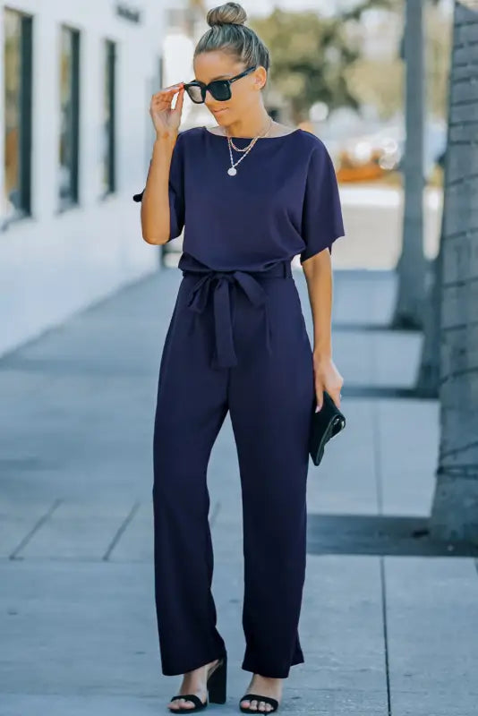 Blue oh-so-glam belted wide leg jumpsuit - jumpsuits