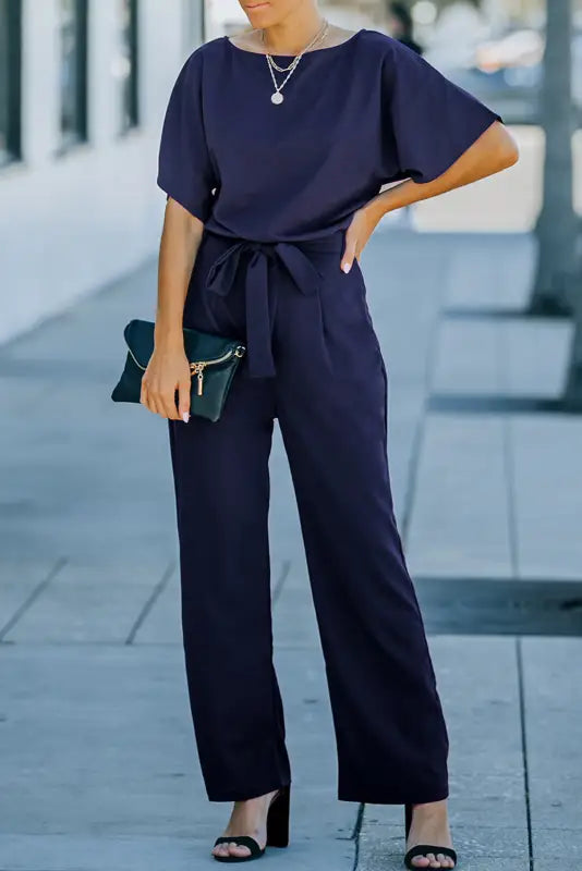 Blue oh-so-glam belted wide leg jumpsuit - s - jumpsuits