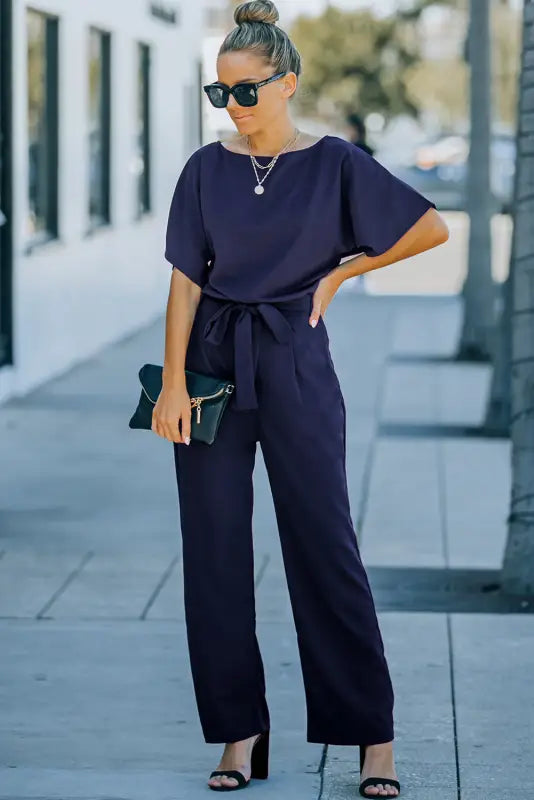 Blue oh-so-glam belted wide leg jumpsuit - jumpsuits