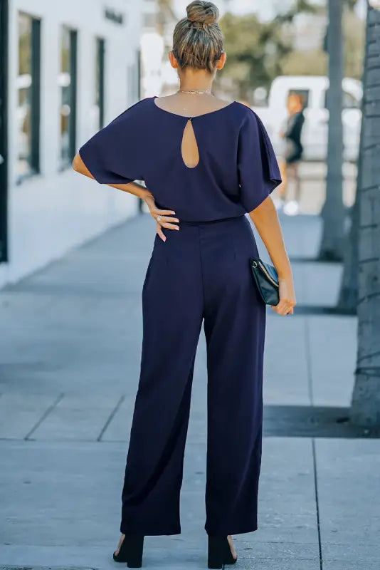 Blue oh-so-glam belted wide leg jumpsuit - jumpsuits