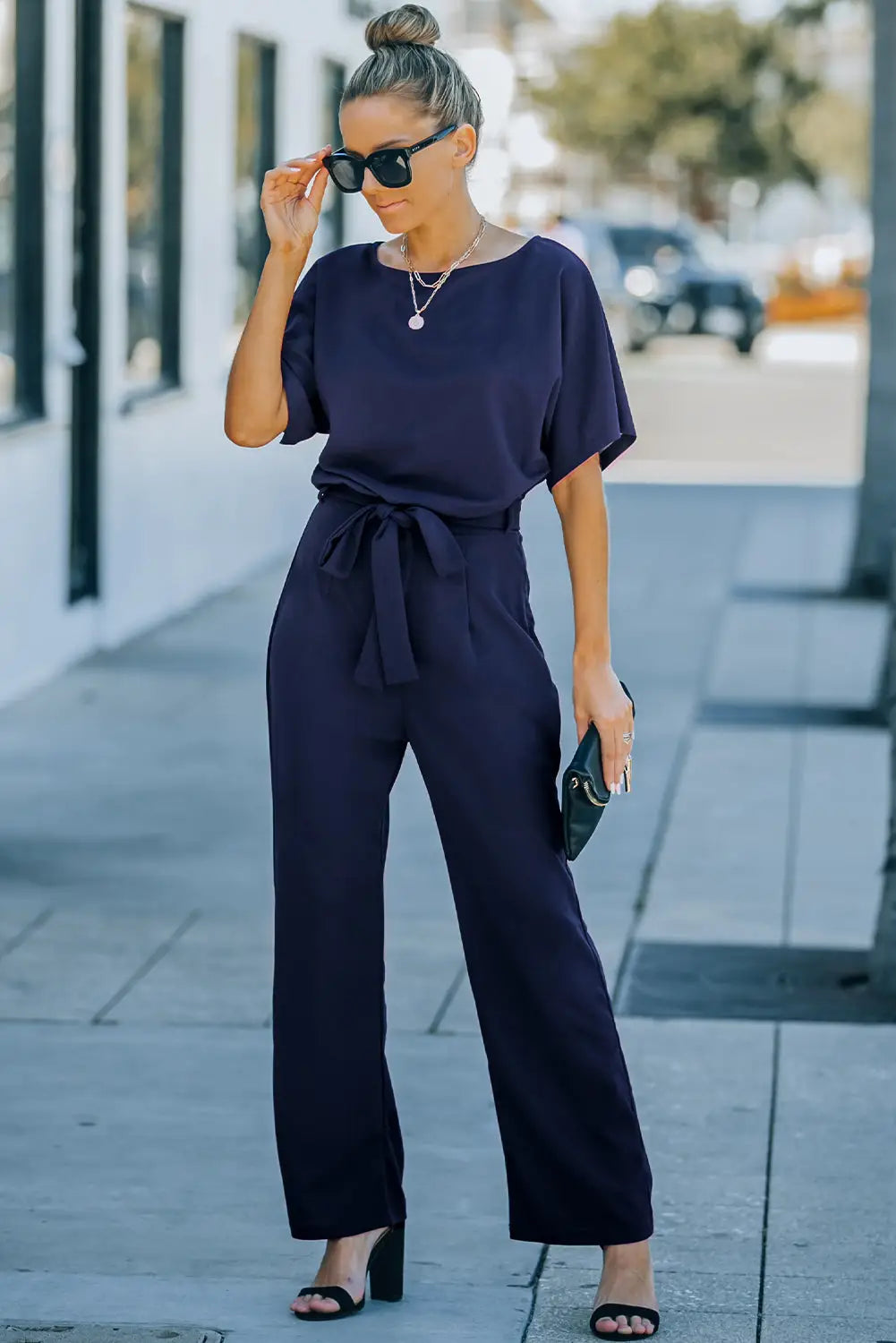 Blue oh so glam belted wide leg jumpsuit - jumpsuits & rompers