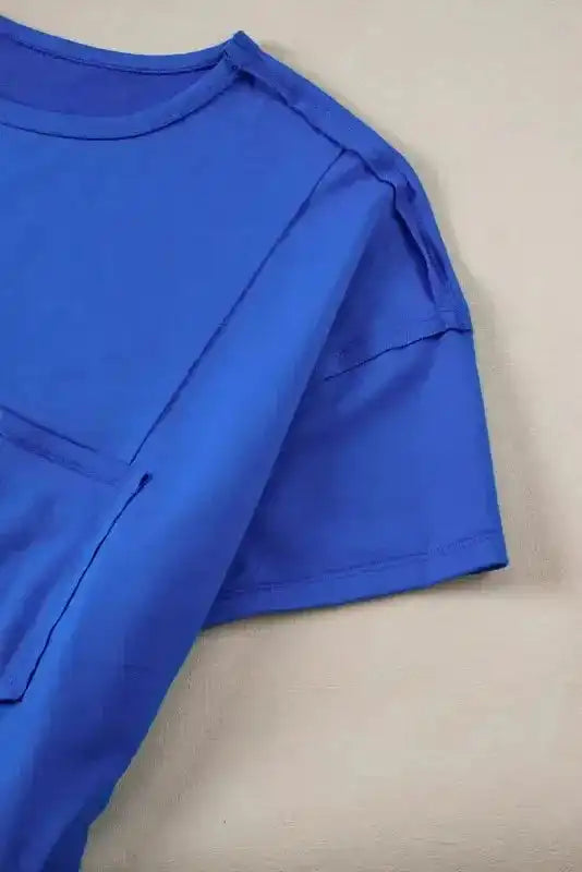 Blue Oversize T-shirt - Patched Pocket Exposed Seam - Fashionfitz