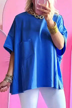 Blue Oversize T-shirt - Patched Pocket Exposed Seam - Fashionfitz