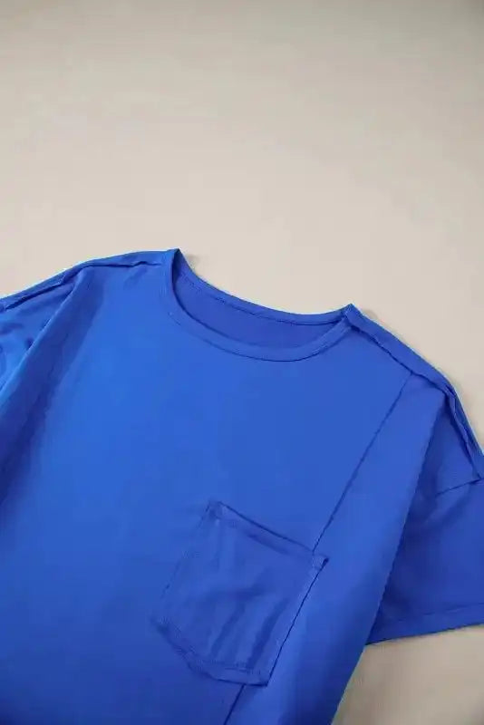 Blue Oversize T-shirt - Patched Pocket Exposed Seam - Fashionfitz