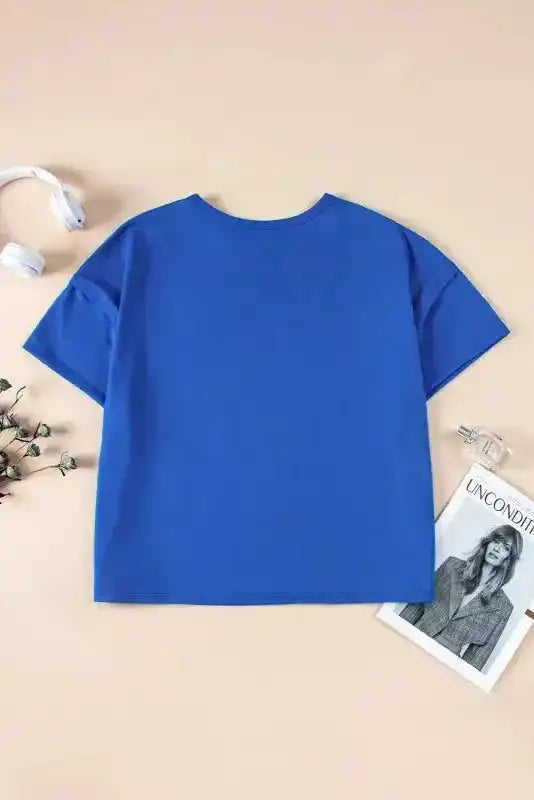 Blue Oversize T-shirt - Patched Pocket Exposed Seam - Fashionfitz