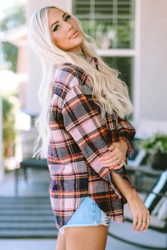 Blue oversized flap pockets plaid shacket with slits - shackets