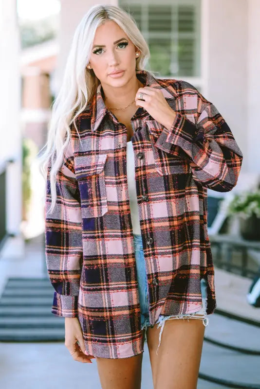 Blue oversized flap pockets plaid shacket with slits - shackets