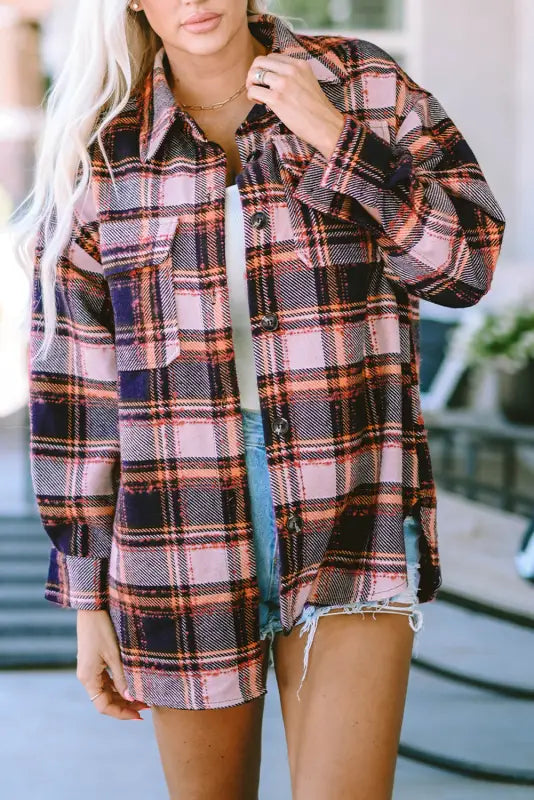 Blue oversized flap pockets plaid shacket with slits - shackets