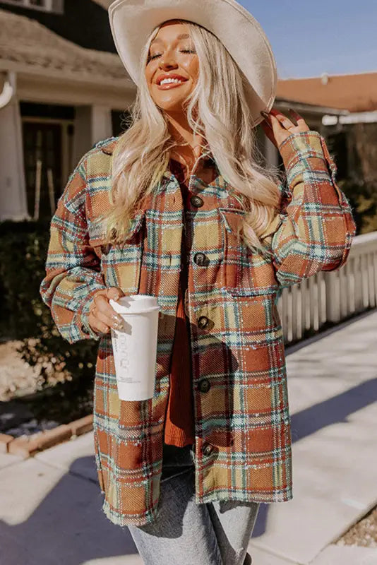 Blue oversized flap pockets plaid shacket with slits - shackets