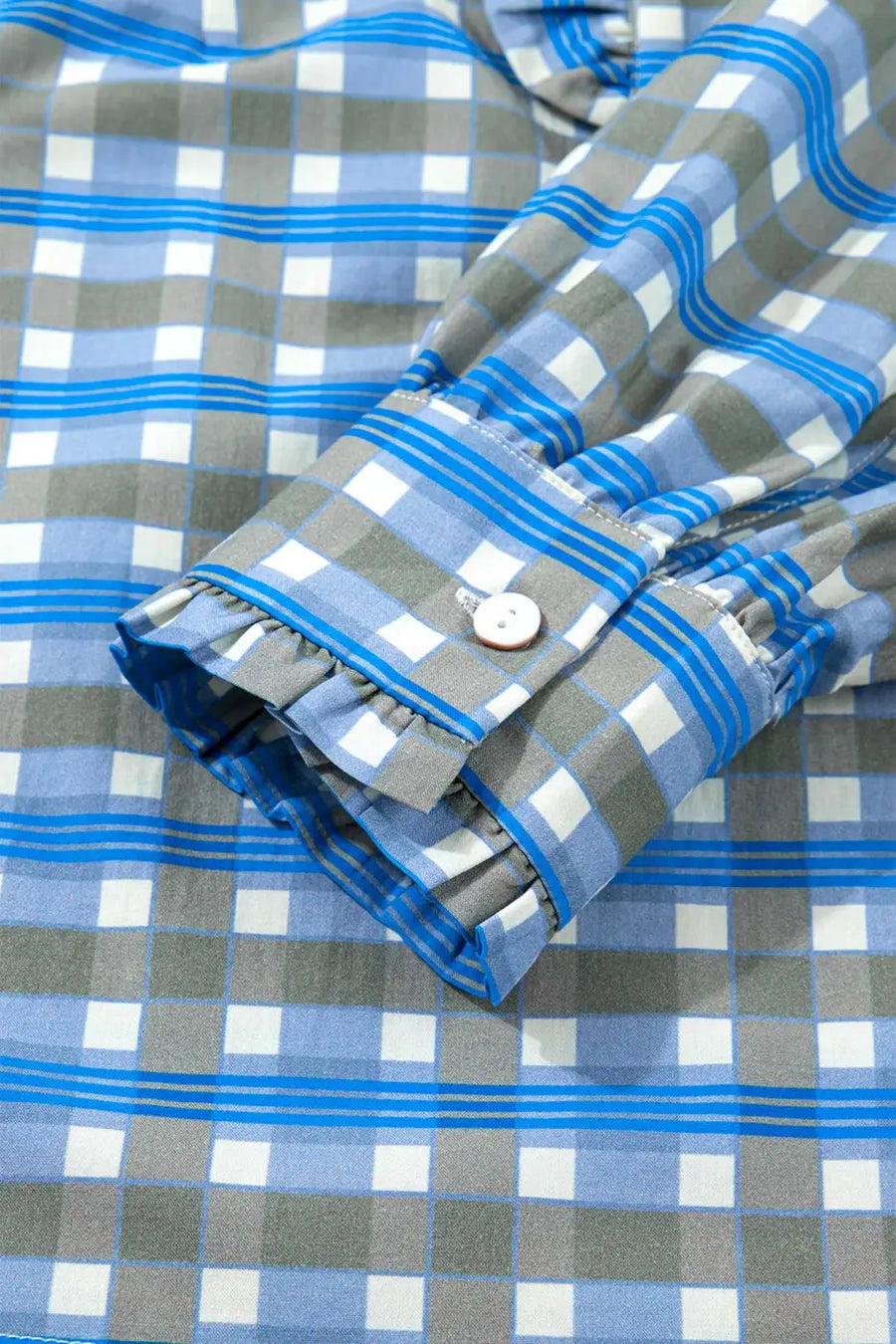 Cuff detail of Blue Plaid Long Sleeve Frilled Blouse showing button closure and subtle ruffle trim — Fashionfitz