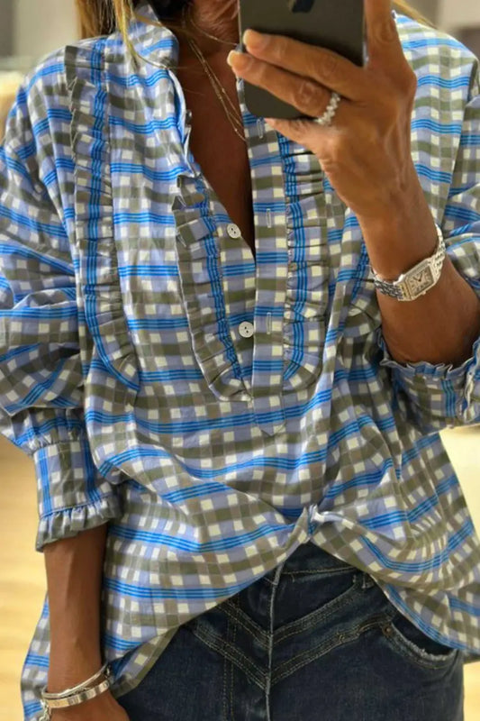 Cotton casual blue plaid frilled blouse featuring long sleeves and relaxed fit, ideal for spring daily wear or office casual looks.