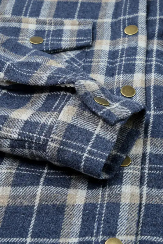 Blue plaid pattern sherpa lined hooded shacket - jackets