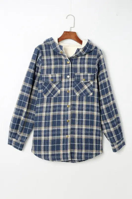 Blue plaid pattern sherpa lined hooded shacket - jackets