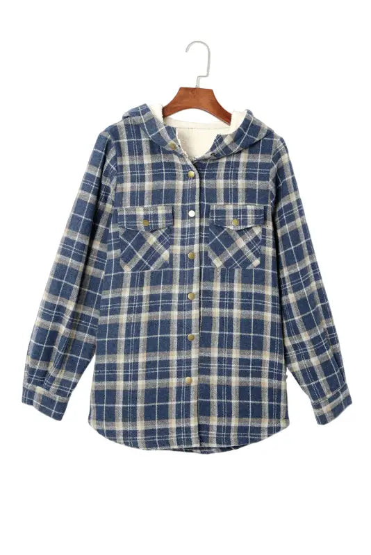 Blue plaid pattern sherpa lined hooded shacket - jackets