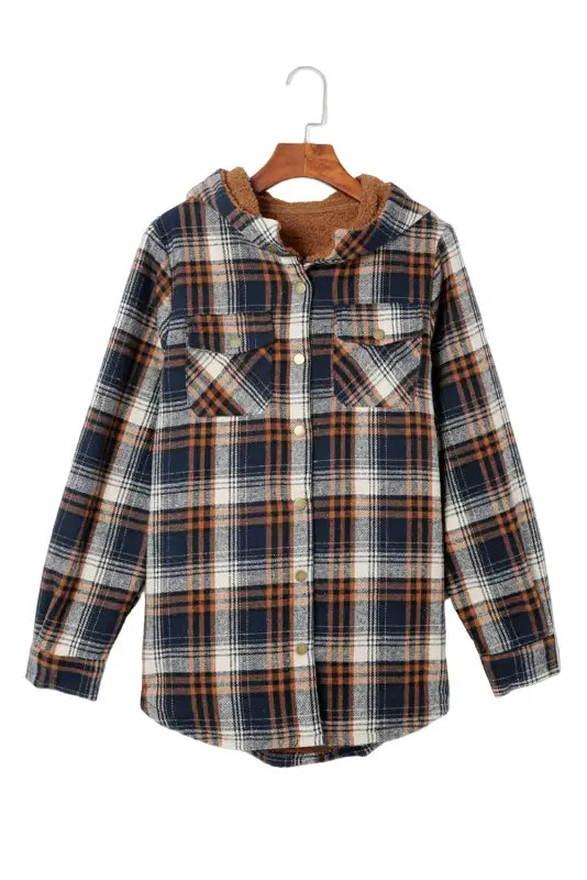 Blue plaid pattern sherpa lined hooded shacket - jackets