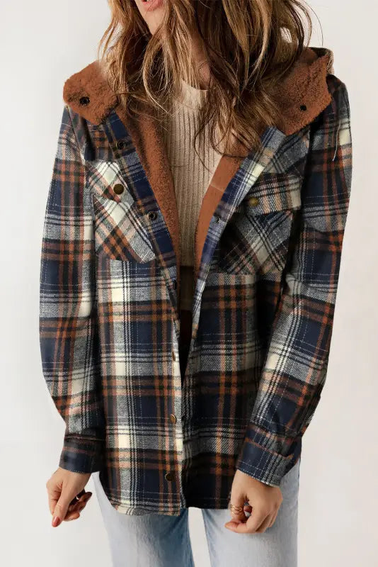 Blue plaid pattern sherpa lined hooded shacket - jackets