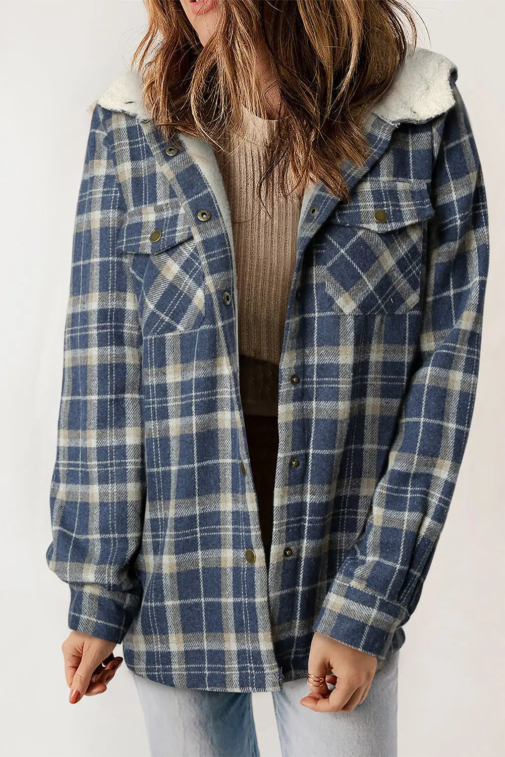 Blue plaid pattern sherpa lined hooded shacket - xl / 100% polyester - shackets
