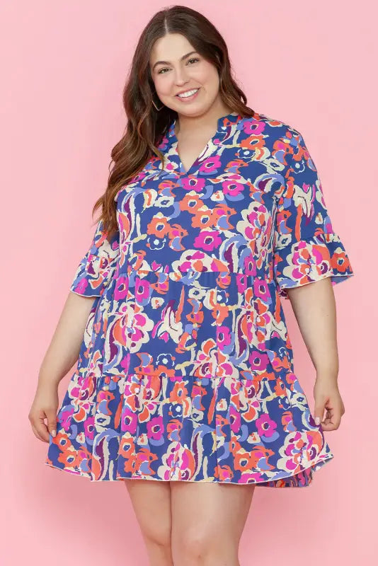 Blue plus size floral mini dress - size/plus dresses/plus dresses