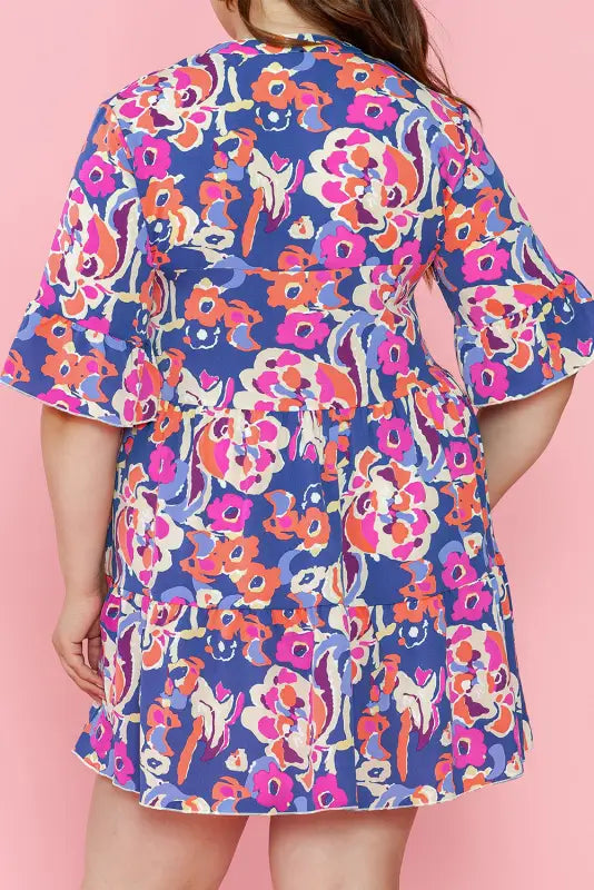 Blue plus size floral mini dress - size/plus dresses/plus dresses