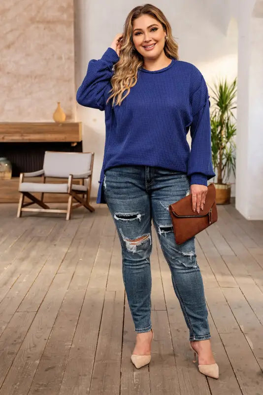 Blue plus waffle knit oversized top - size blouses