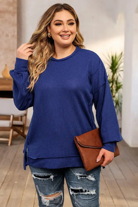 Blue plus waffle knit oversized top - size blouses