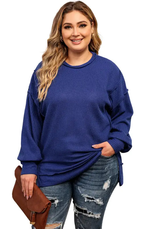 Blue plus waffle knit oversized top - size blouses