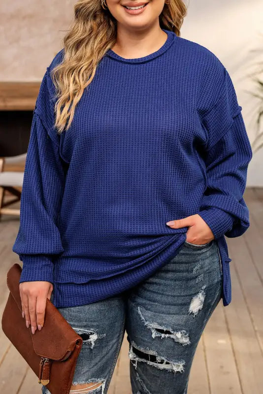 Blue plus waffle knit oversized top - size blouses