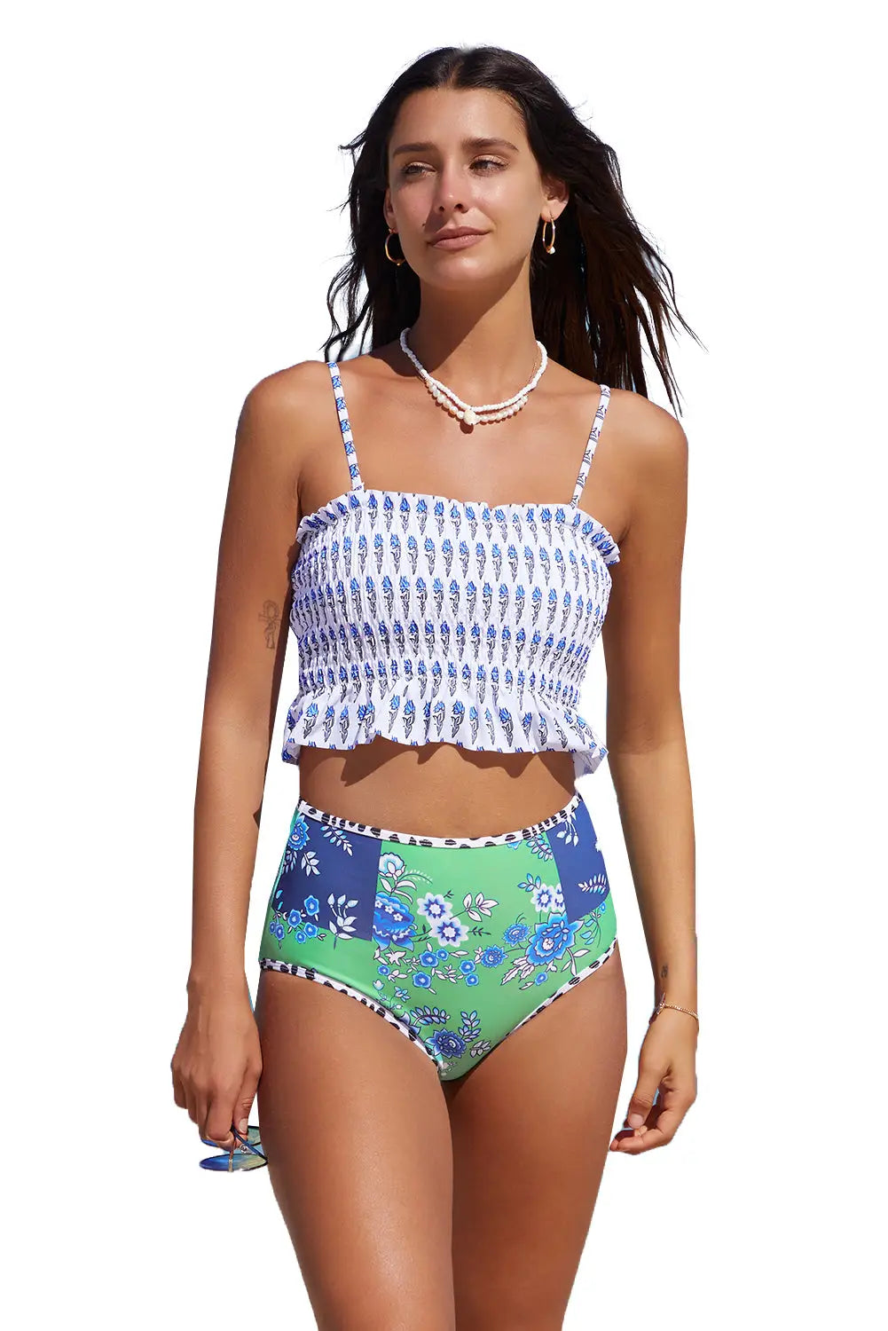 Blue printed smocked high waisted swimsuits - waist swimsuits