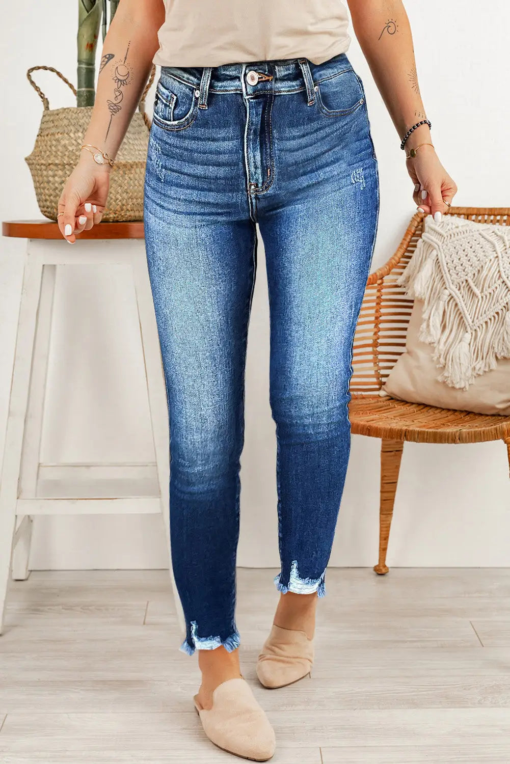 Blue raw hem ankle-length skinny jeans - 6 / 61% cotton + 33% polyester + 5% viscose + 1% elastane