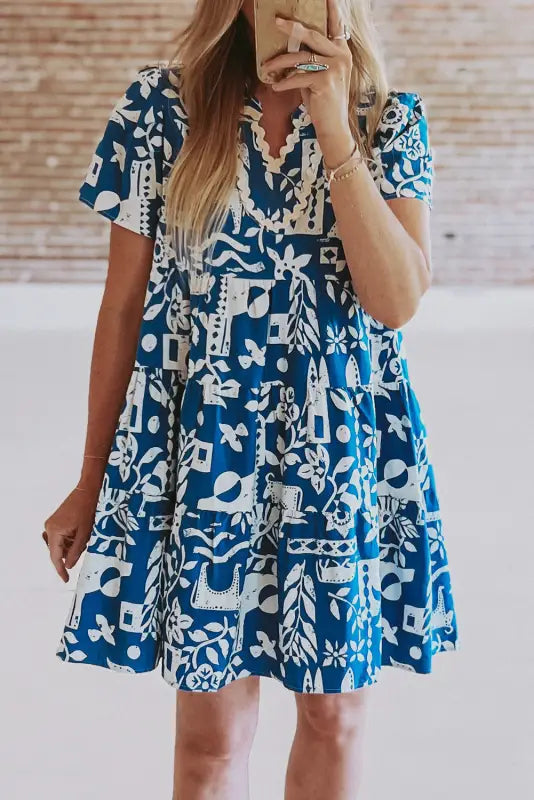 Blue ricrac floral loose dress - s / 100% polyester - dresses/floral dresses