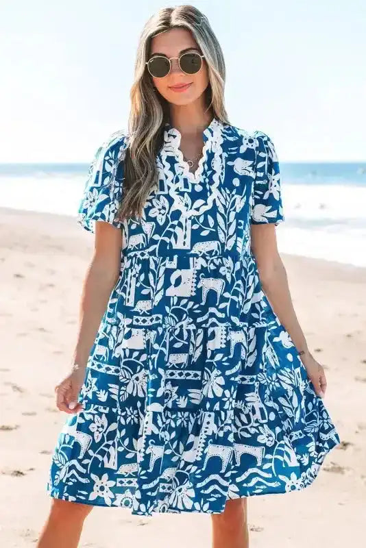 Blue Ricrac Floral Loose Dress - Fashionfitz