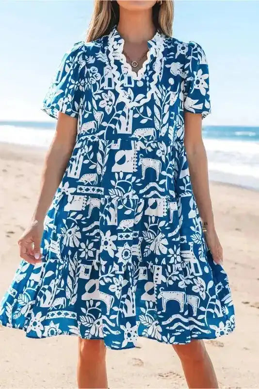 Blue Ricrac Floral Loose Dress - Fashionfitz