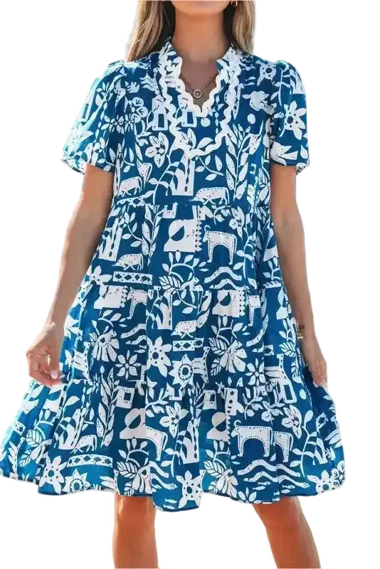 Blue Ricrac Floral Loose Dress - Fashionfitz