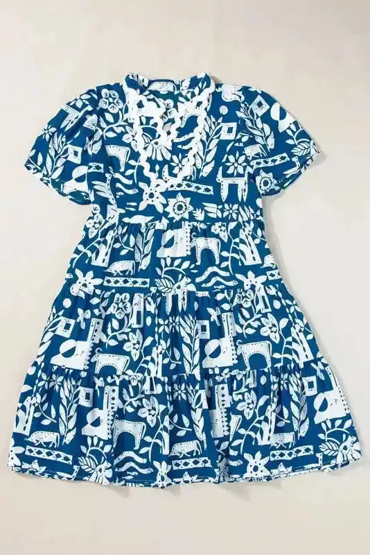 Blue Ricrac Floral Loose Dress - Fashionfitz