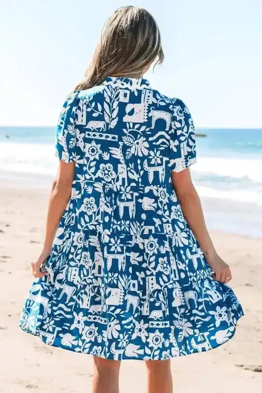 Blue Ricrac Floral Loose Dress - Fashionfitz