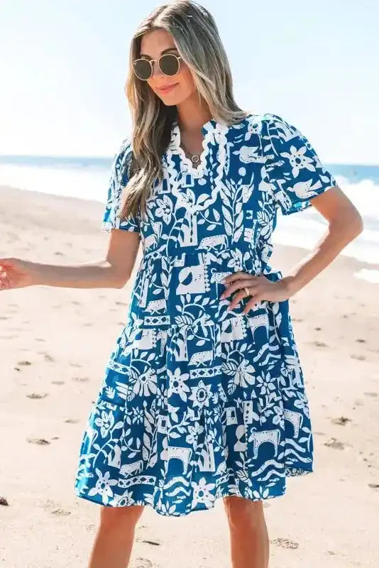 Blue Ricrac Floral Loose Dress - Fashionfitz