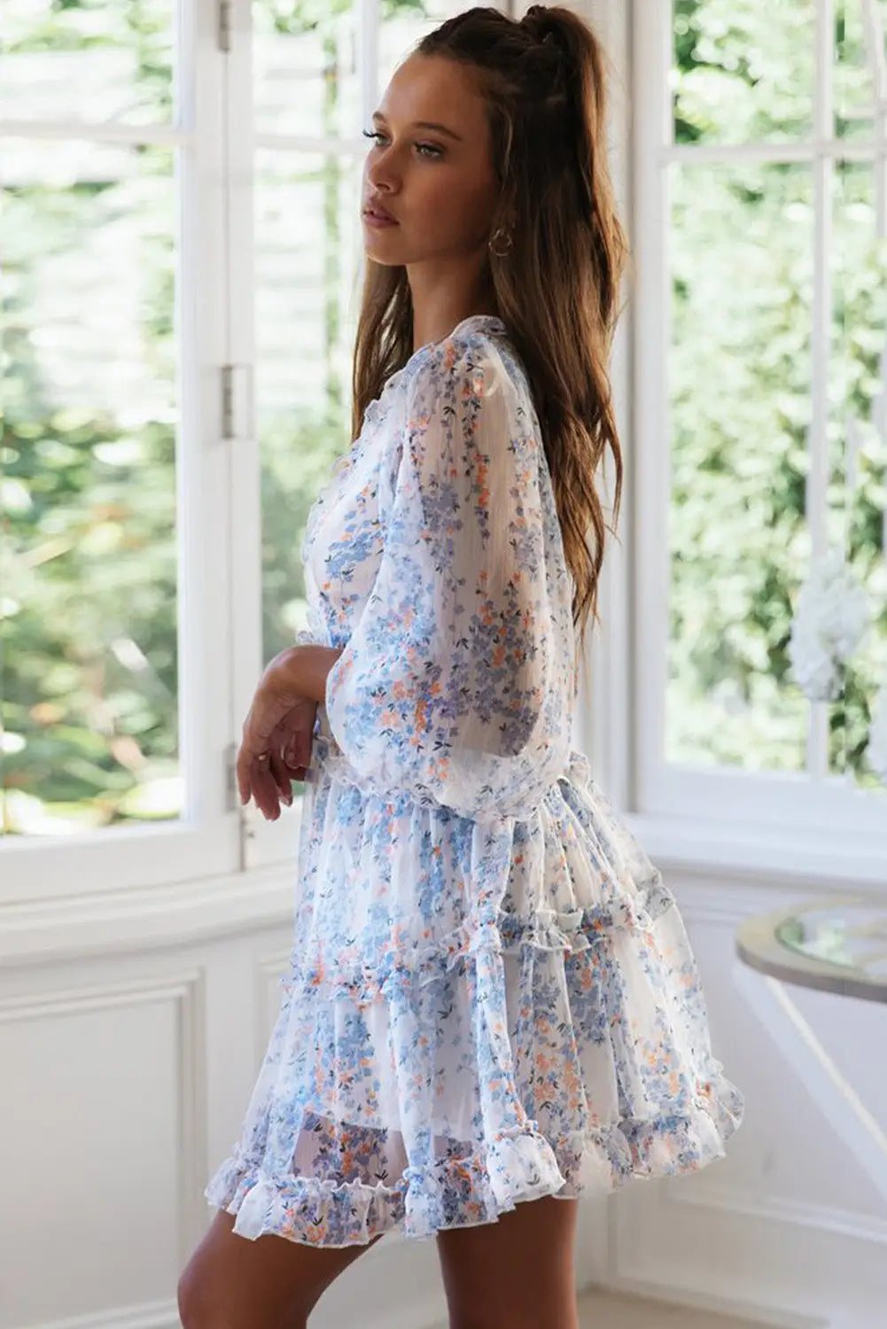 Blue ruffle detailing open back floral dress - dresses
